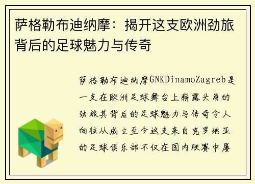 萨格勒布迪纳摩：揭开这支欧洲劲旅背后的足球魅力与传奇